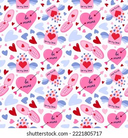 Cute vector seamless hand drawn pattern with heart pierced by arrow, flip phone and envelope with wings. Valentine's day illustrations. For wrapping paper, bedclothes, notebook, packages, gift paper