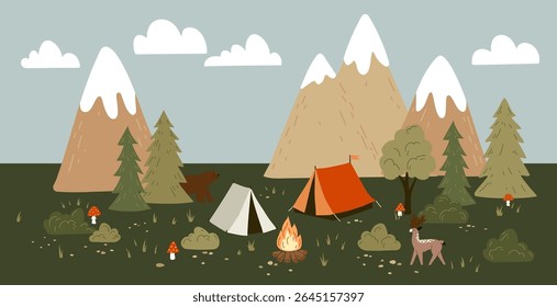 Cute vector seamless hand-drawn border with drawings for camping, tents, landscapes, trees, wild animals