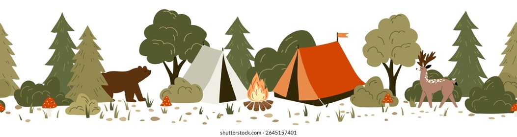 Cute vector seamless hand-drawn border with drawings for camping, tents, landscapes, trees, wild animals