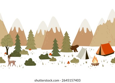 Cute vector seamless hand-drawn border with drawings for camping, tents, landscapes, trees, wild animals