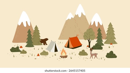 Cute vector seamless hand-drawn border with drawings for camping, tents, landscapes, trees, wild animals