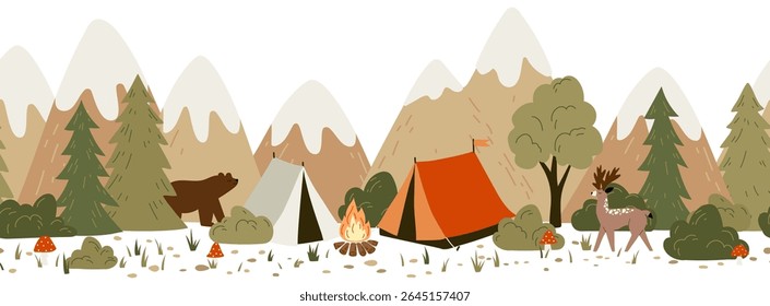 Cute vector seamless hand-drawn border with drawings for camping, tents, landscapes, trees, wild animals