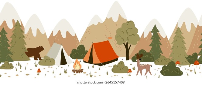 Cute vector seamless hand-drawn border with drawings for camping, tents, landscapes, trees, wild animals