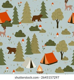 Cute vector seamless hand-drawn pattern with drawings for camping, tents, landscapes, trees, wild animals