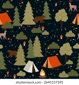 Cute vector seamless hand-drawn pattern with drawings for camping, tents, landscapes, trees, wild animals