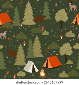 Cute vector seamless hand-drawn pattern with drawings for camping, tents, landscapes, trees, wild animals