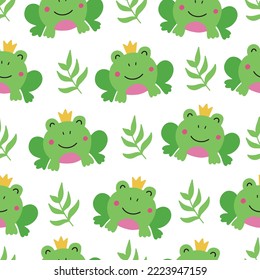 Cute vector seamless illustration with funny king frog on white background for your design