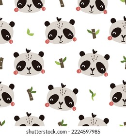Cute vector seamless illustration with panda and bamboo twigs on white background for your design