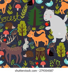 Cute vector seamless illustration with wild beasts of the forest