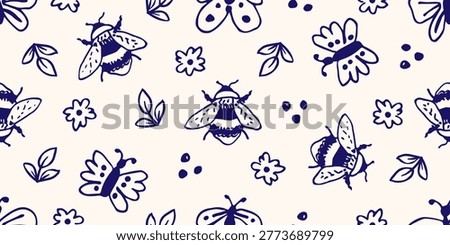 Cute vector seamless insect pattern. Bees, bumblebees and butterflies, small flowers on a light beige background.  Summer time, nature. For prints of fabrics, cotton textiles, paper.