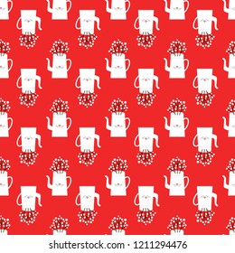 Cute vector seamless with kettles, birds, branches and hearts on the red background.