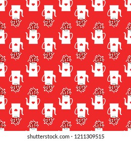 Cute vector seamless with kettles, birds, branches and hearts on the red background, wrapping paper