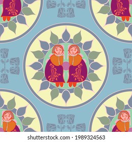 Cute vector seamless little twin girls repeat pattern in vibrant color in a folk art inspired style