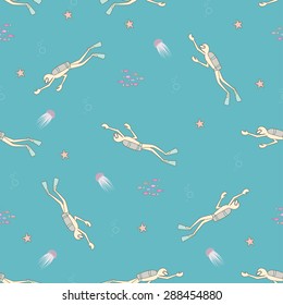 Cute vector seamless marine pattern with scuba divers, fish, bubbles; sea stars and jelly fish based on hand drawn sketch. Excellent print for web, paper and textile.