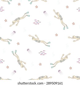 Cute vector seamless marine pattern with scuba divers, fish, bubbles; sea stars and jelly fish based on hand drawn sketch. Excellent print for web, paper and textile.
