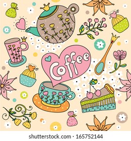 Cute vector seamless pattern about tea, coffee and sweets.