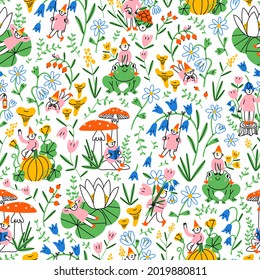 Cute vector seamless pattern about magic, gnomes and their secret life in the garden. Beautiful hand drawn floral print illustration