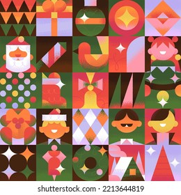 Cute Vector Seamless pattern about Christmas, New Year, Xmas, Winter time, Holiday. Minimal trendy style. Geometric illustrations. Vector Christmas Icons set.