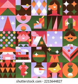 Cute Vector Seamless pattern about Christmas, New Year, Xmas, Winter time, Holiday. Minimal trendy style. Geometric illustrations. Vector Christmas Icons set.