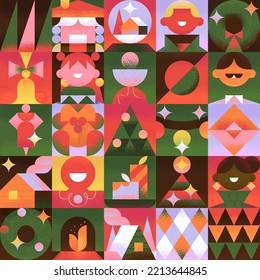 Cute Vector Seamless pattern about Christmas, New Year, Xmas, Winter time, Holiday. Minimal trendy style. Geometric illustrations. Vector Christmas Icons set.