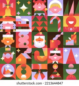 Cute Vector Seamless pattern about Christmas, New Year, Xmas, Winter time, Holiday. Minimal trendy style. Geometric illustrations. Vector Christmas Icons set.