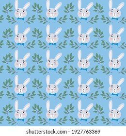Cute Vector Seamless Pattern of adorable Rabbits with blue background.	