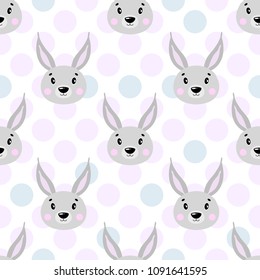 Cute vector seamless pattern animal  with rabbit face, hare. On white background in polka dots. Cartoon illustrration.