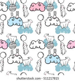 Cute vector seamless pattern of animals children, rabbits, sheep, balls and clouds