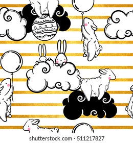 Cute vector seamless pattern of animals children, rabbits and sheep, balloons and clouds and strips