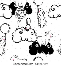 Cute vector seamless pattern of animals children, rabbits, sheep, balls and clouds and silver stars confetti