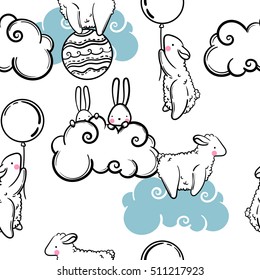 Cute vector seamless pattern of animals children, rabbits, sheep, balls and clouds
