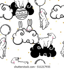 Cute vector seamless pattern of animals children, rabbits, sheep, balls and clouds and golden stars confetti