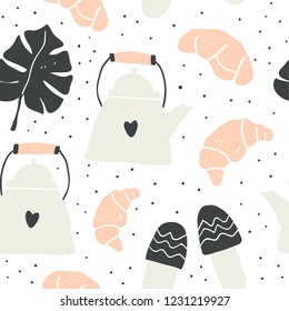Cute vector seamless pattern of autumn and winter hygge elements - teapot, croissant, monstera leaf, slippers. Isolated on white background. Perfect for textile design. Scandinavian style