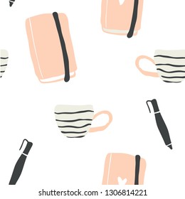 Cute vector seamless pattern of autumn and winter hygge blogger elements - notebook, pen, tea cup, coffee mug. Isolated on white background. Scandinavian style. 