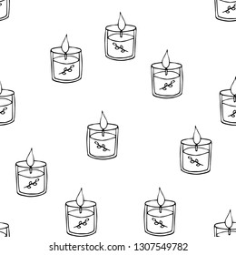 Cute vector seamless pattern of autumn and winter hygge blogger element - candle. Isolated on white background. Scandinavian style.