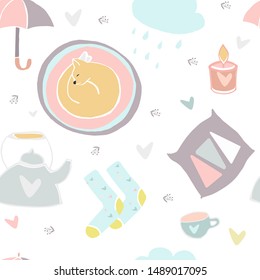 Cute vector seamless pattern of autumn  elements - candle,umbrella, cat, cloud, pillow, warm socks, kettle and mug . Isolated on white background. Scandinavian style.