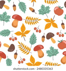 Lindo Vector sin patrón. Patrón sin fisuras de otoño con hojas de roble rojo y amarillo, bellotas, manzanas, calabaza, hongos, bayas. Envoltura de papel o tela.