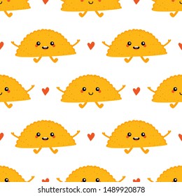 Cute vector seamless pattern background with smiling chebureki, deep-fried pastry characters and hearts for food and recipe design.