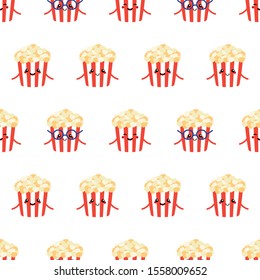 Cute vector seamless pattern background with smiling popcorn boxes characters.
