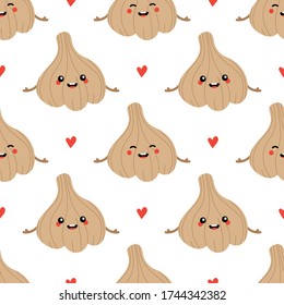 Cute vector seamless pattern background with black garlic, fermented garlic characters and hearts.