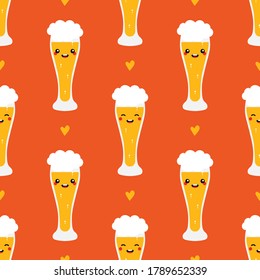 El vector lindo es fondo de patrón sin fisuras con gafas de personajes de cerveza artesanal y corazones.