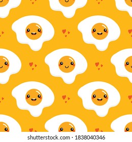 Cute vector seamless pattern background with cartoon style fried eggs characters and heart for breakfast food design.