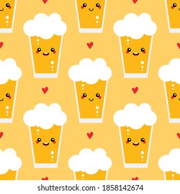 Cute vector seamless pattern background with glasses of lager beer characters and hearts.