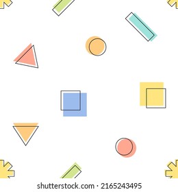 Cute vector seamless pattern background with abstract geometric shapes for 80s or 90s design.
