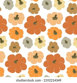 Cute Vector Seamless Pattern Background With Top View Pumpkins On White Backdrop. Different Various Gourd In Autumn Warm Color Palette In Simple Hand Drawn Style. Fall Wallpaper, Texture, Textile