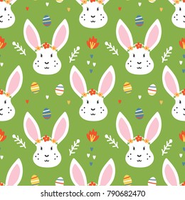 Cute vector seamless pattern background for Easter with rabbit, colorful eggs and floral elements.
