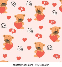 Cute vector seamless pattern with bears, hearts on pink. Kids doodle illustrations. Cute bear portrait, stickers, stylish bear, boy and girl animals, kids textile design. Valentines day pattern kids