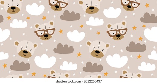 Cute vector seamless pattern with bears, clouds, stars on beige background. Kids doodle illustrations. Cute bear in eyeglasses, animals, kids unisex textile design, boys