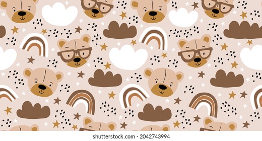 Cute vector seamless pattern with bears, clouds, stars, rainbows on beige background. Kids doodle illustrations. Cute bear in eyeglasses, animals, kids unisex textile design, boys