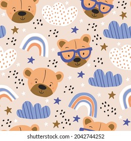 Cute vector seamless pattern with bears, clouds, stars, rainbows on beige background. Kids doodle illustrations. Cute bear in eyeglasses, animals, kids unisex textile design, boys